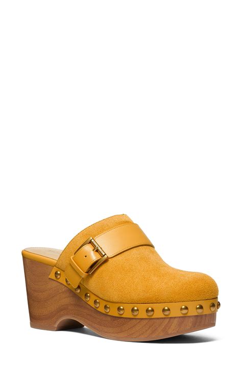 michael kors tan suede clog with buckle and fleece|KORS MK Suede & Fleece Platform Clogs .